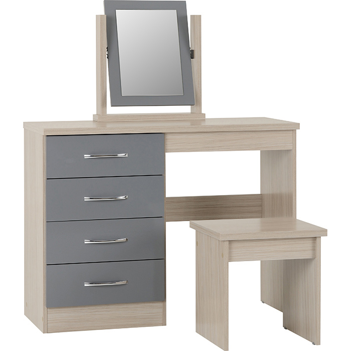 Nevada 4 Drawer Dressing Table Set Grey Gloss & Light Oak Effect